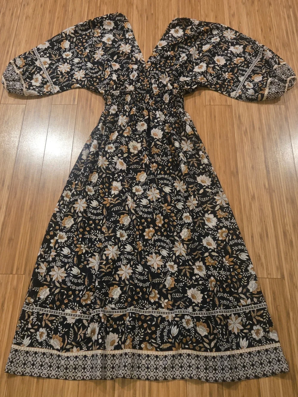 Carly Jean Boho Floral Maxi Dress in Black and Cream - Picture 1 of 15
